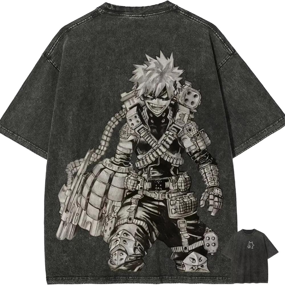 Katsuki Bakugo T Shirt My Hero Academia Men Acid Wash Anime Dynamite Graphic Cotton Streetwear Explosion Manga Vintage Tee L