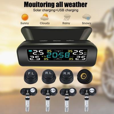 Univerzální Auto Solar+USB TPMS Hodiny LCD Displej Bezdrátové monitorování tlaku v pneumatikách a poplašný systém se 4 senzory tlaku v pneumatikách