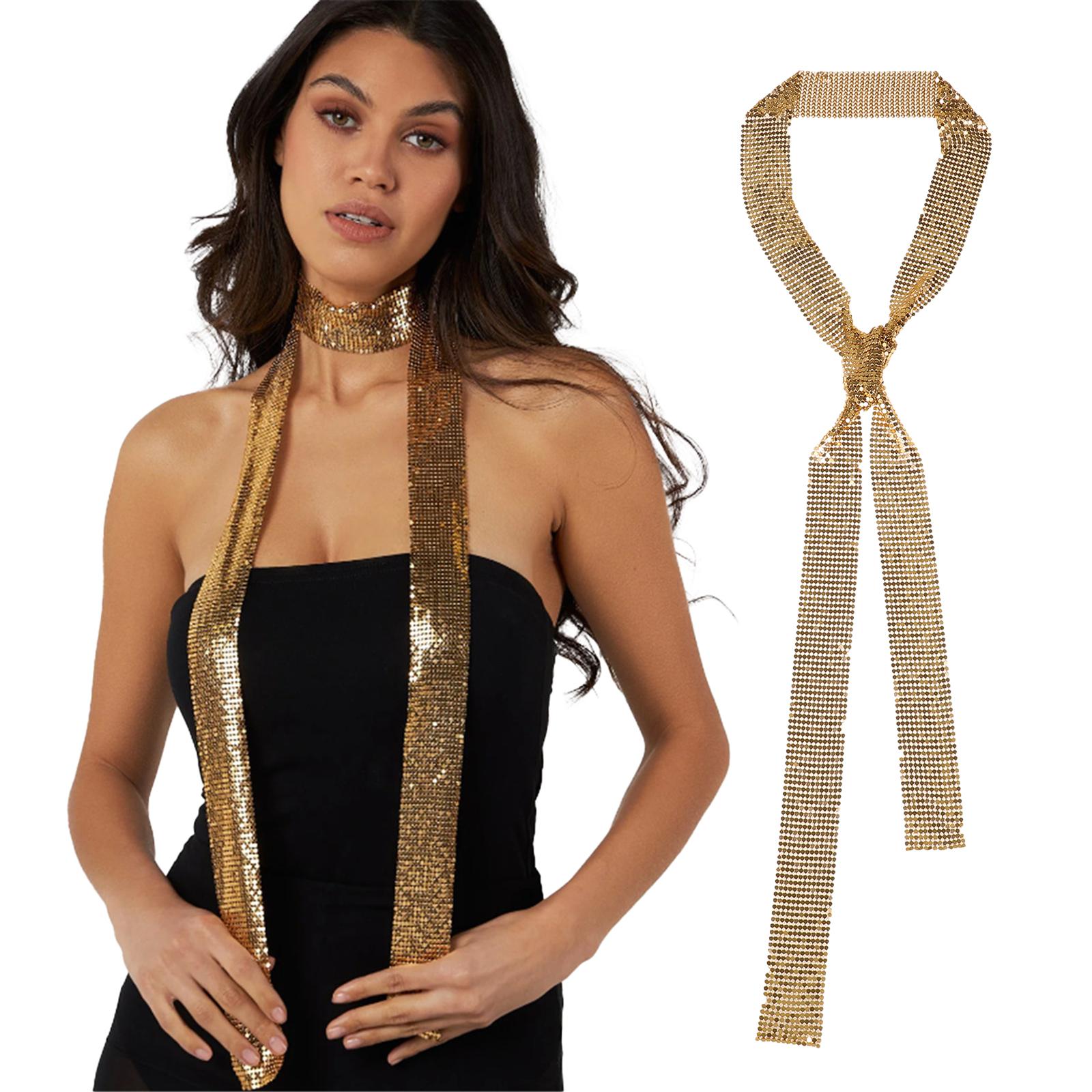Sparkling Metallic Sequin Scarf, Skinny Neck Tie Choker for Women