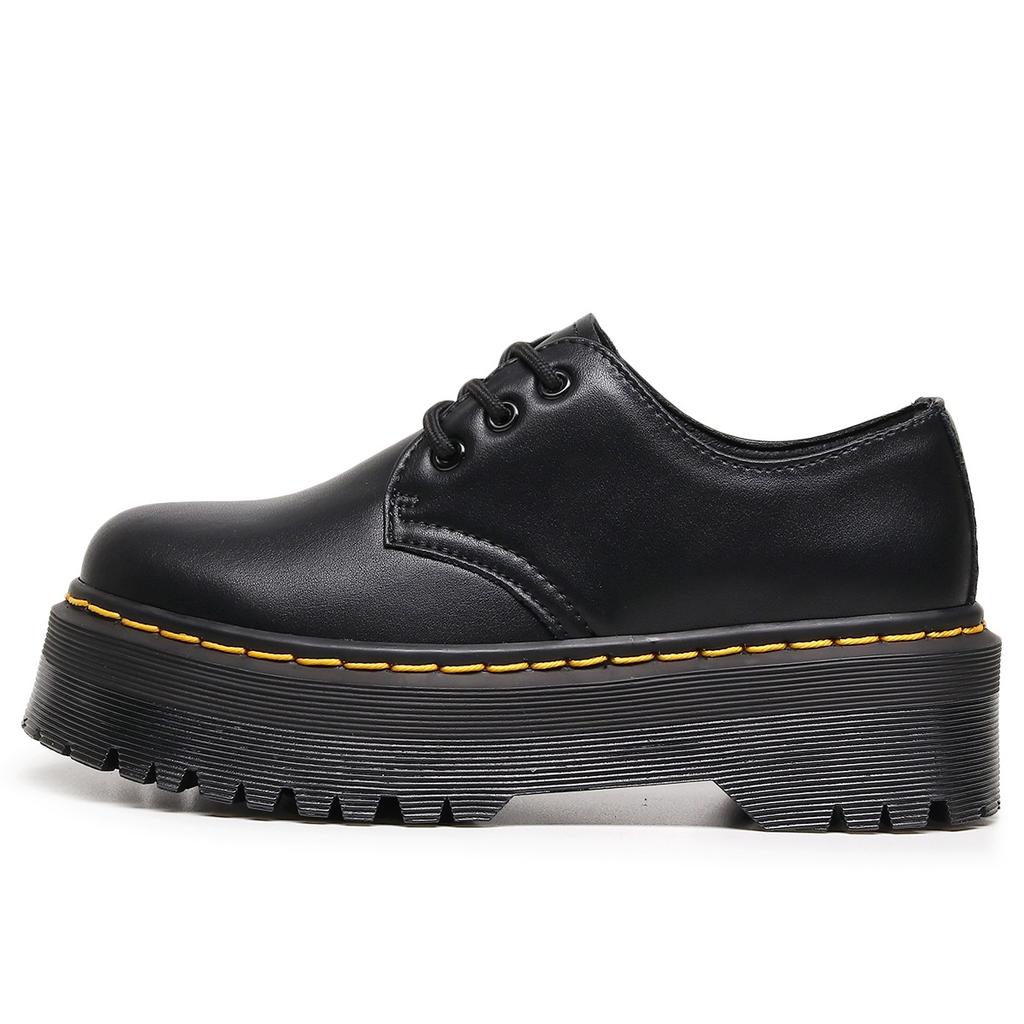 Sapatos Pequenos de Couro com Solado Grosso de 3 Furos Femininos de Cano Curto, Couro Macio Couro Redondo Casual Estudante Salto Bolacha Botas Curtas