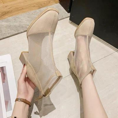 Mode Sandalen Dames 2024 Zomer Zwart Temperament Puntige Neus Hol Ademend Mode Stiletto Hoge Hakken Mesh Korte Laarzen Lente