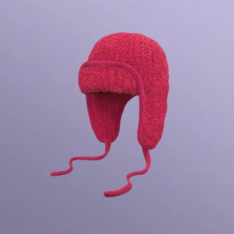 Jednobarevná plyšová letecká čepice s klapkami na uši - Zimní teplo s pletenou šňůrkou na zavazování pro velké obvody hlavy