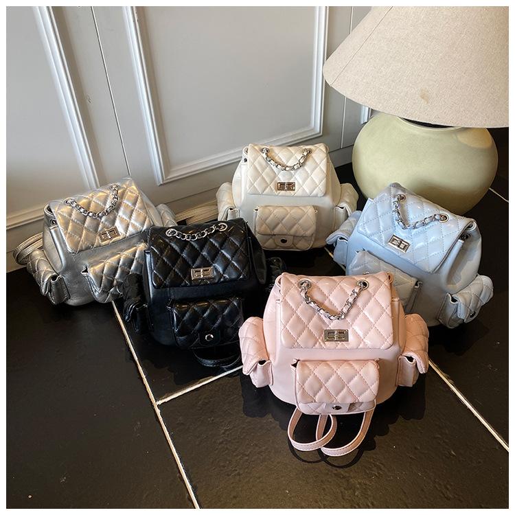 Rhombus embroidery thread niche design women's backpack 2025 new popular versatile chain small backpack bucket small schoolbag