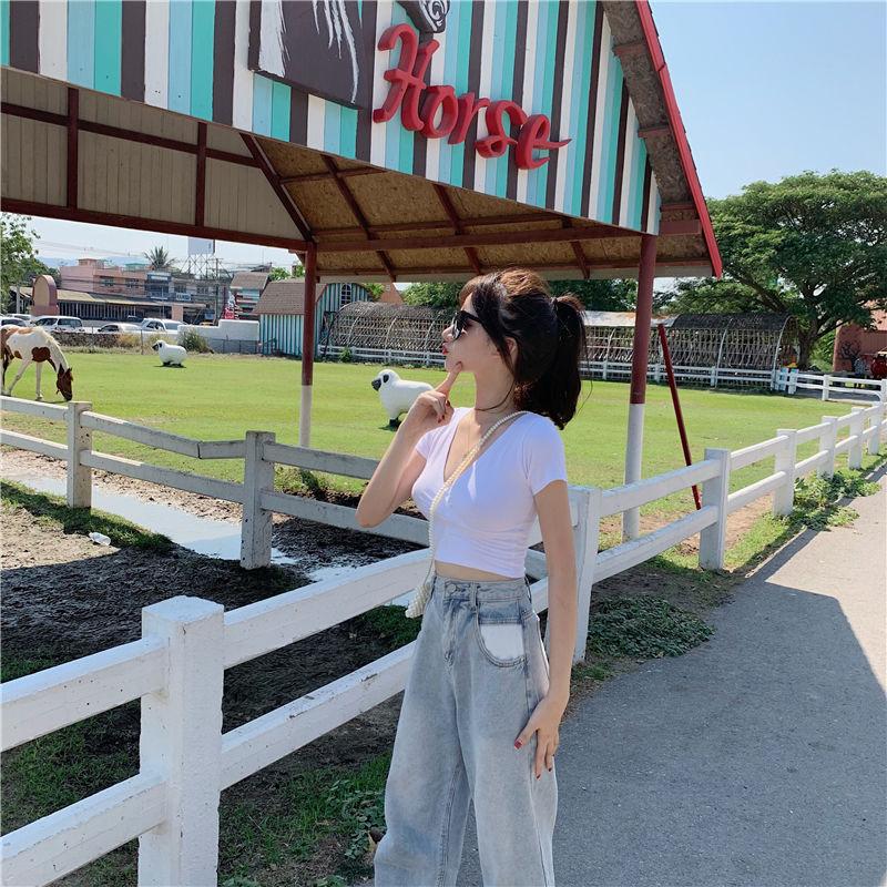Short-sleeved T-shirt for Women In Summer New Deep V-neck Wear Low-cut Korean Slim Navel-exposed Short Student Top
