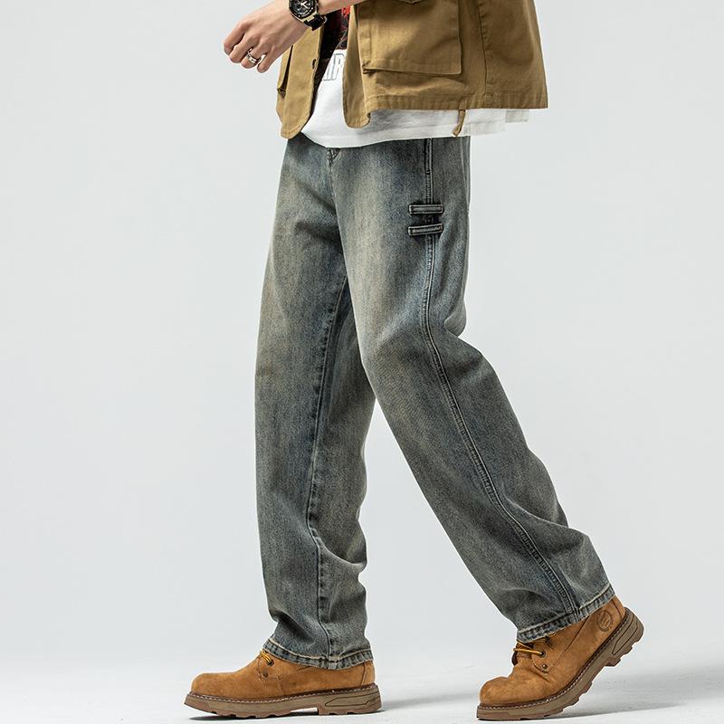 American retro trendy brand washed old jeans men's trend fashion loose wide legs large size straight long pants
