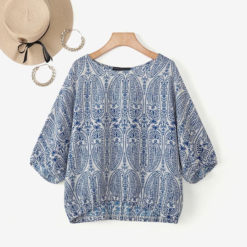 

ZANZEA Women Casual Round Neck Floral Print 3/4 Sleeve Blouse 4XL синій
