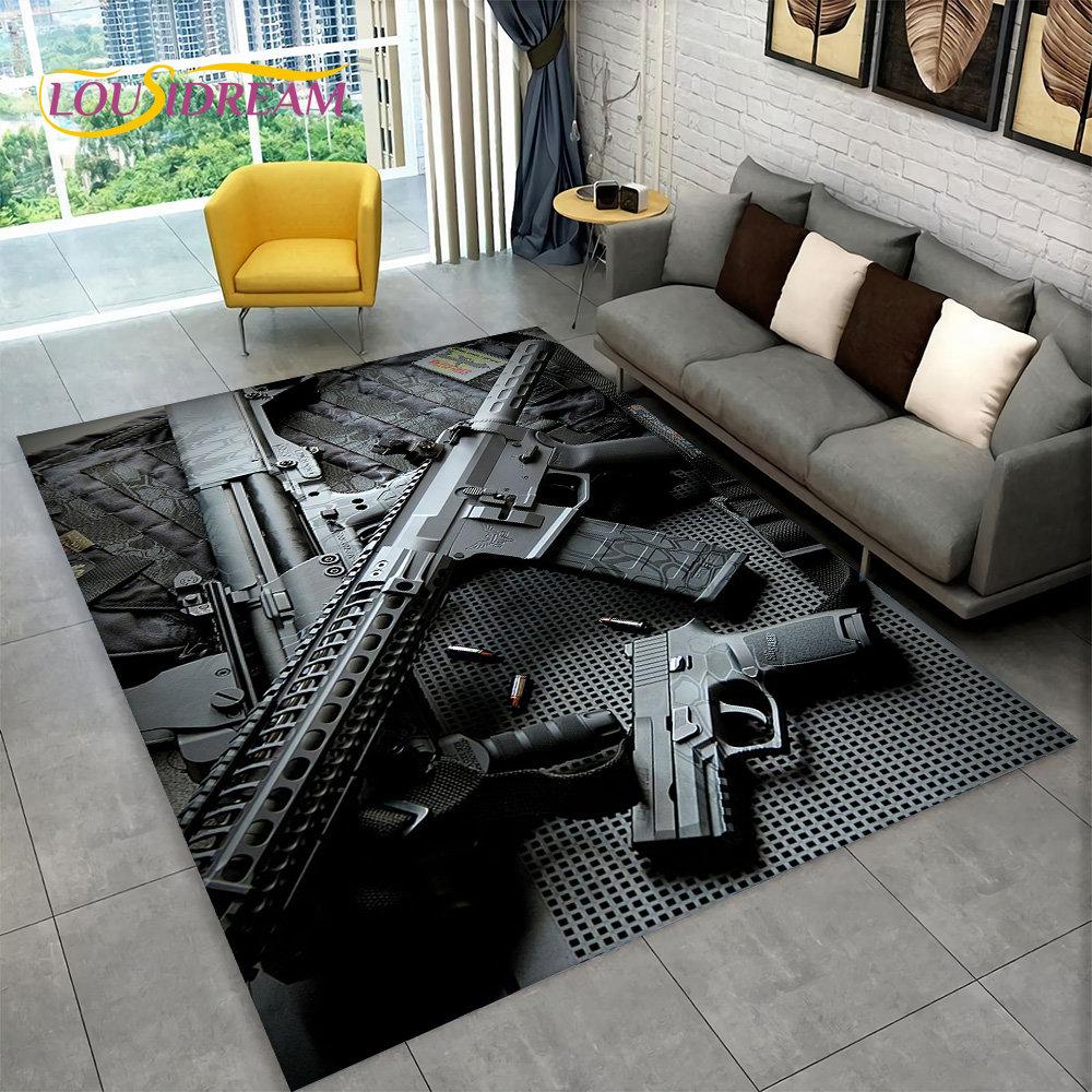 3D Assaultgevär Pistol Patron Vapen Områdesmatta, Matta för Hem Vardagsrum Sovrum Soffa Dörrmatta Dekor, Barn Halkfri Golvmatta