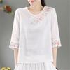 Summer Cotton and Linen Shirt Women's Embroidered Retro Literary Top Loose and Thin Medium Sleeve Large Size T-shirt Women