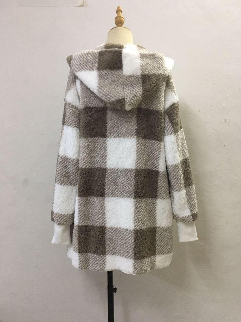 Women's Autumn/Winter Hooded Plaid Plush Cardigan Jacket