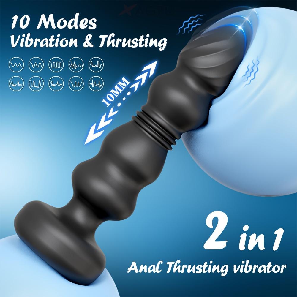 Anální Thrusting Vibes: 10 režimů vibrací a tahu – vibrační anální hračka 2 v 1 bodu G, 5 texturovaných kuliček, 5 baterií, silikonový materiál