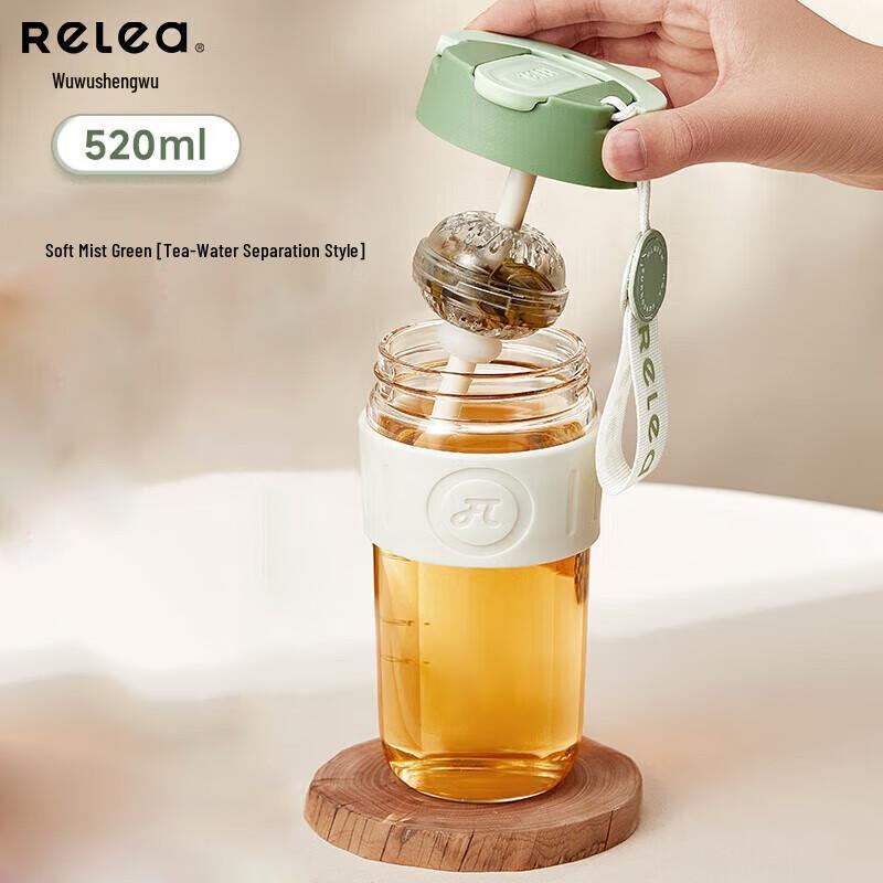 RELEA 520ml Glass Water Bottle with Straw for Tea & Coffee