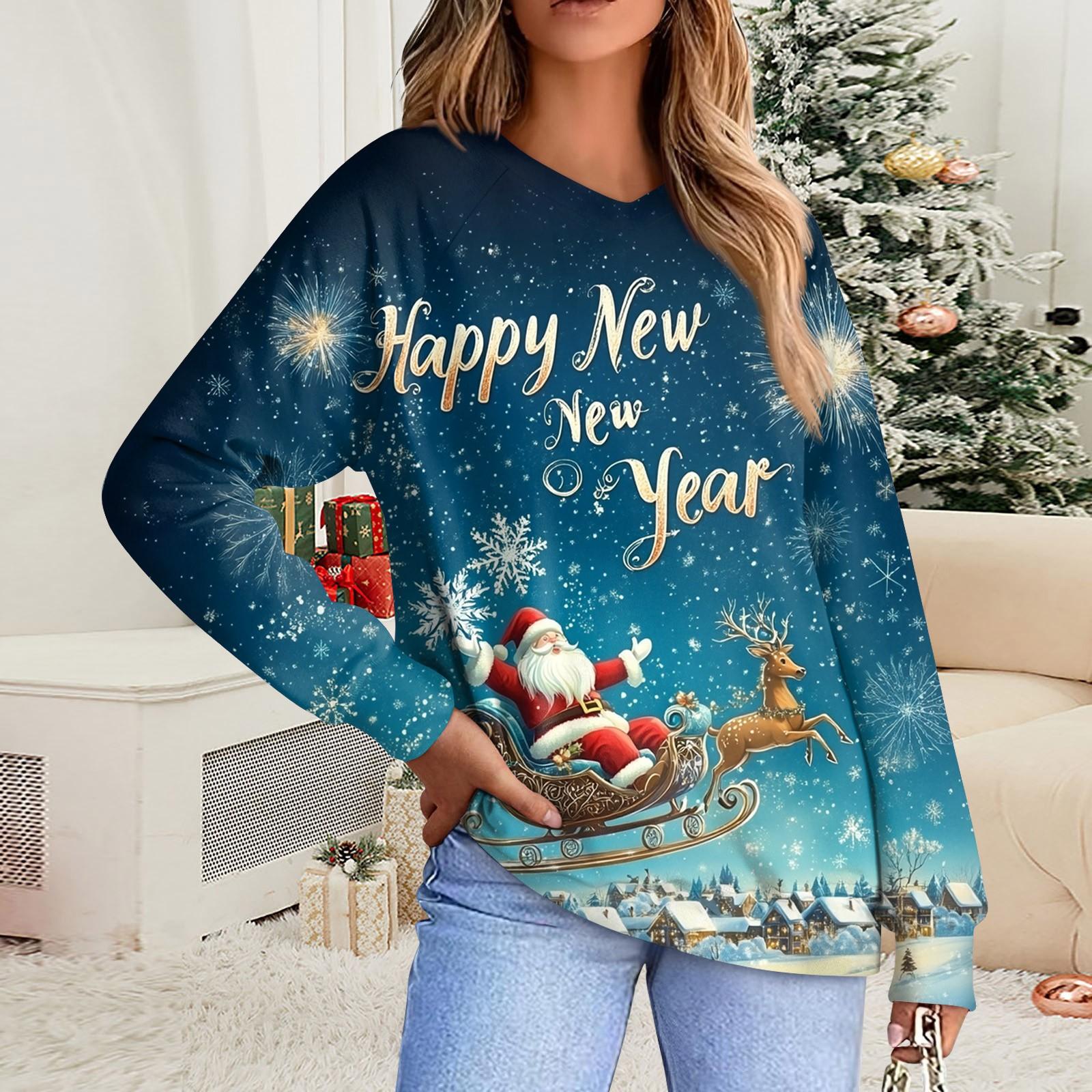 

Женская повседневная модная удобная толстовка с рукавом реглан и V-образным вырезом с рождественским принтом M