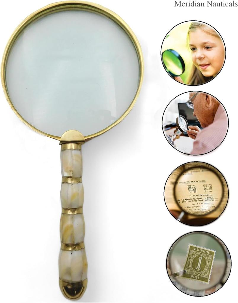 Beautiful Vintage Magnifying Glass Solid brass metal with Mother of Pearl Plated Handle | Book Reading, Map Design, Office & School Work