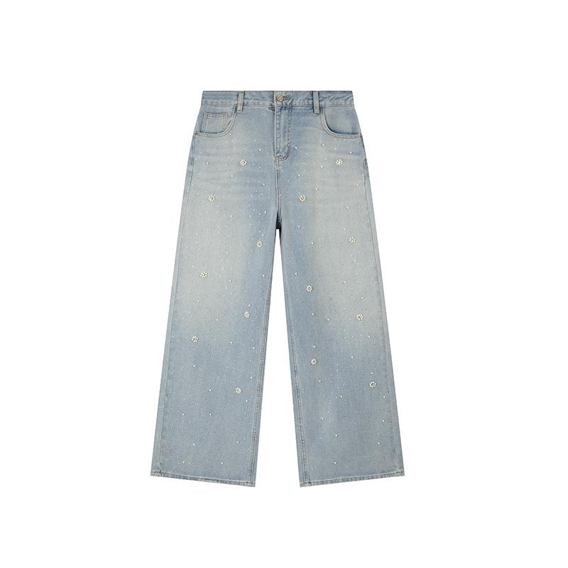 Spring 2026 Shuangtian Women s Plus Size Beaded Rhinestone Straight Leg Jeans YC506 4XL синий