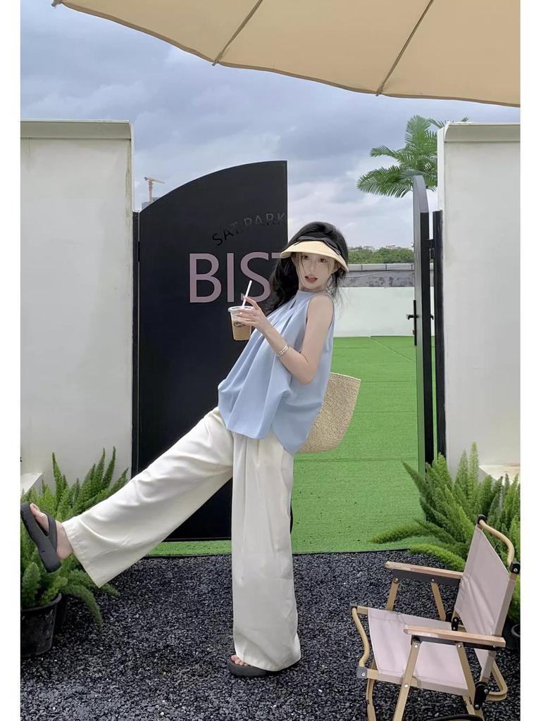 Chic French Blue Pleated Sleeveless Halter Top for Women - Trendy Summer Design