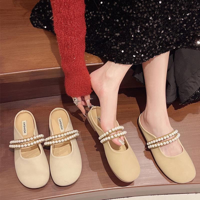 Baotou half slippers women's spring and summer wear the 2025 new Internet celebrity pearl comfortable soft-soled fairy-style sandals