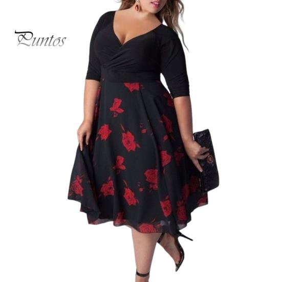 

Платье больших размеров с глубоким V-образным вырезом, А-силуэтом, двухслойным подолом и рукавами средней длины, с цветочным принтом, платье миди, вечернее платье для выпускного вечера XL чёрный