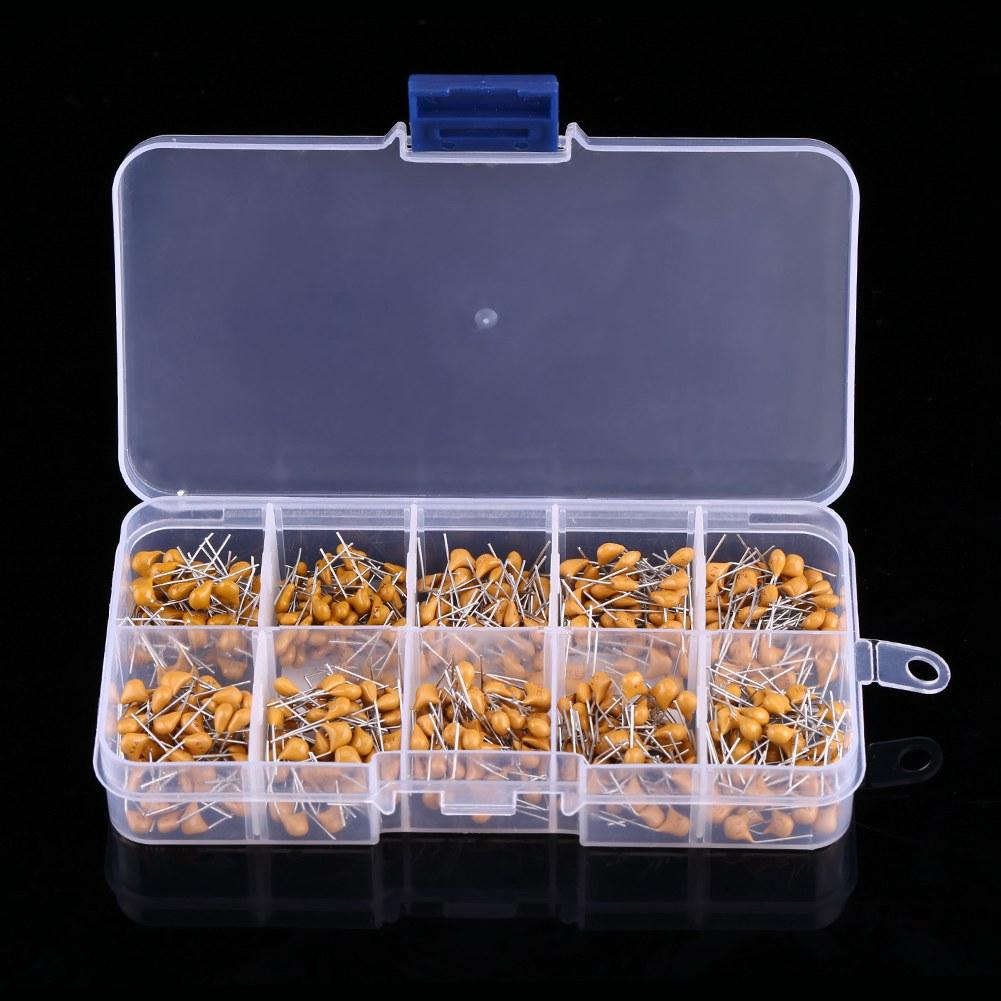 500pcs 10 Values Monolithic Multi Layer Ceramic Capacitors 0.1microfarad   10microfarad With Storage Box