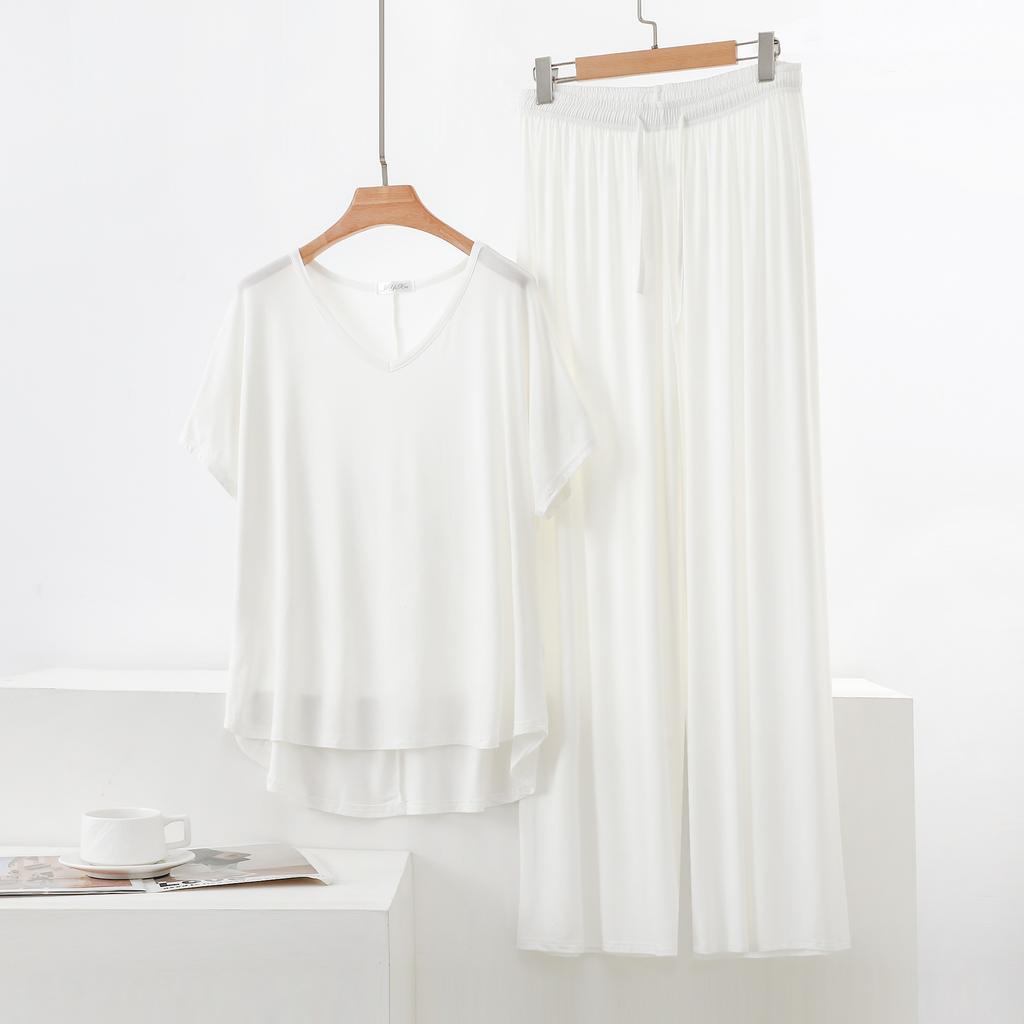 Summer Modal Homewear 2 Piece V-Neck Short Sleeve Tshirt and Wide Leg Pant Ankle Length Loose Sleepwear Set Comfort Pajama Sets
