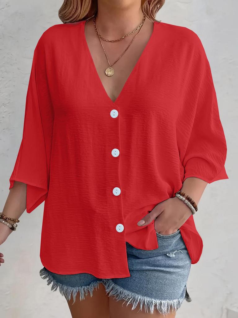Spring/Autumn 2025 Women's V-neck Ice Silk Wrinkled Cardigan, Solid Color, Three-Quarter Sleeve, Loose Fit