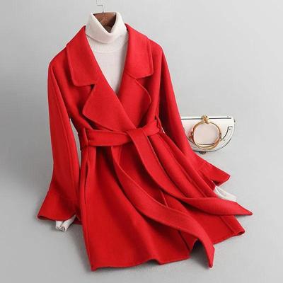 Elegant 2025 Slim Fit Double-Faced Cashmere Red Wool Coat with Belt - Petite Women's Short Style
