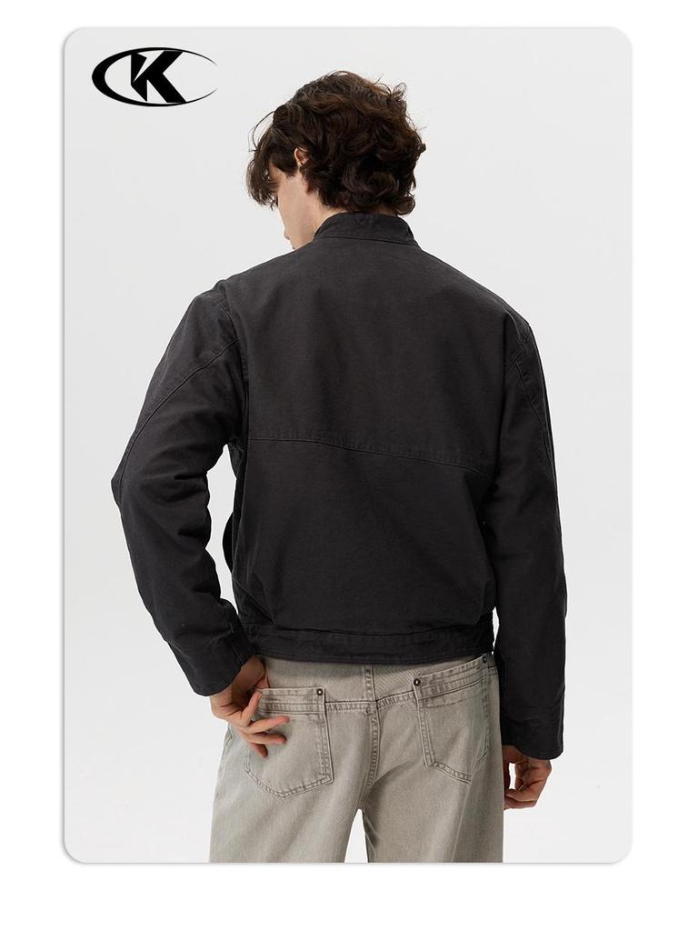 11KN Unisex Retro Distressed Workwear Jacket with Airplane Buckle and Wide Lapel