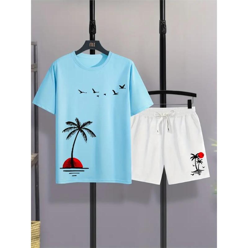 Summer Men's Suit Sportswear Fashion Casual Short Sleeve Vacation Style Gradient Printing Men's T-Shirt Shorts Suit Menswear