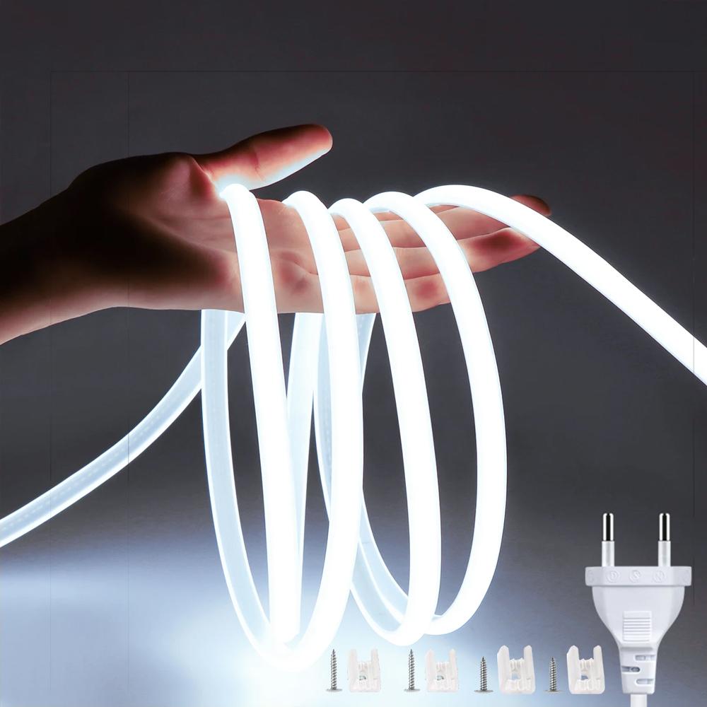 220V COB LED Strip Light EU Power Plug IP67 Buckle Fixation LED Strip Lamp Flexible COB Linear Light Bar 3000K 4000K 6000K 1-21m