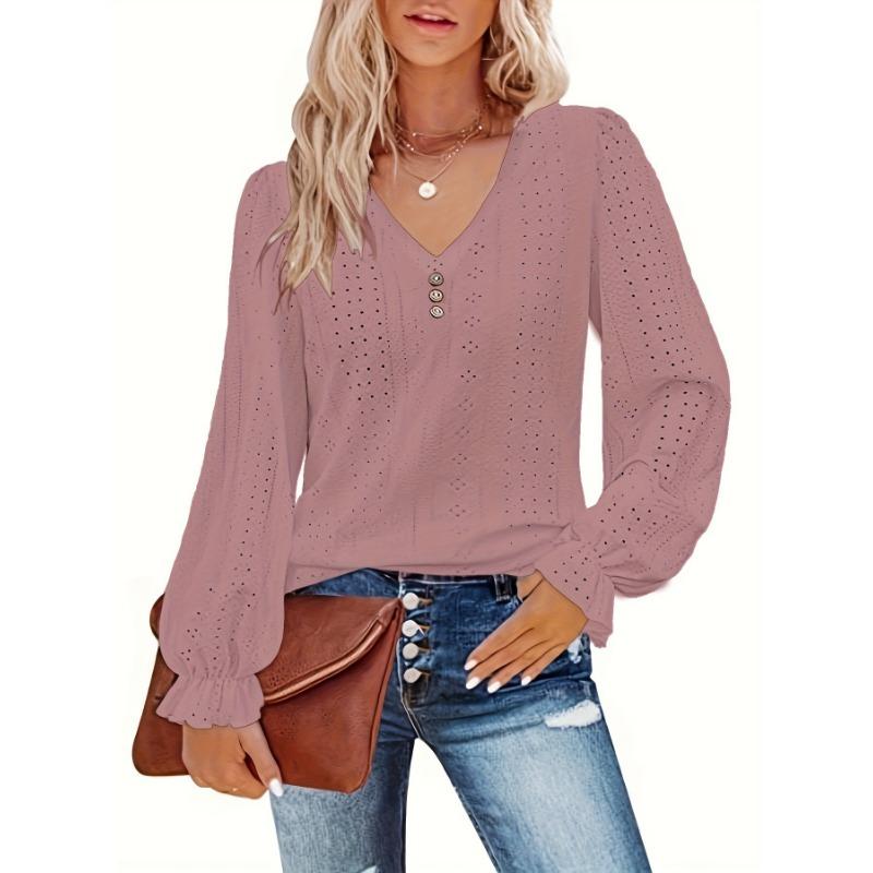 DAFIFY ქალთა მოდა შემთხვევითი გაზაფხული შემოდგომის სოლიდური პრინტით გრძელმკლავიანი V-კისრის ბლუზები და მაისურები