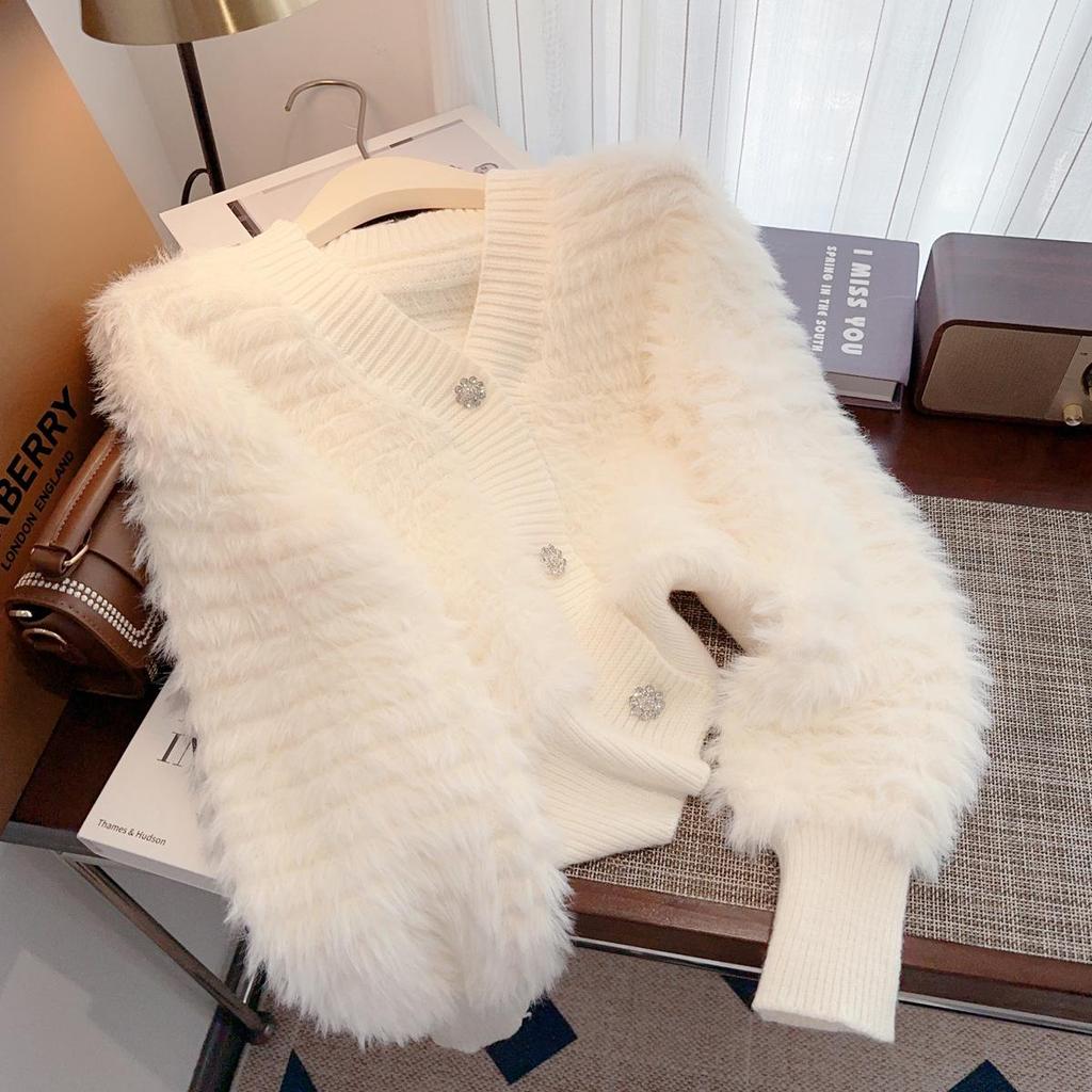 Dámský pletený kardigan s výstřihem do V z imitace norka pro podzim a zimu