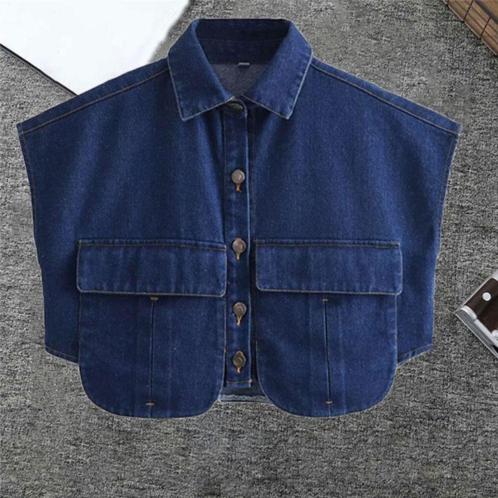 with Large Pocket Female Short Blouses Sleeveless Loose Denim Shirts Cropped Denim Shirt  Summer
