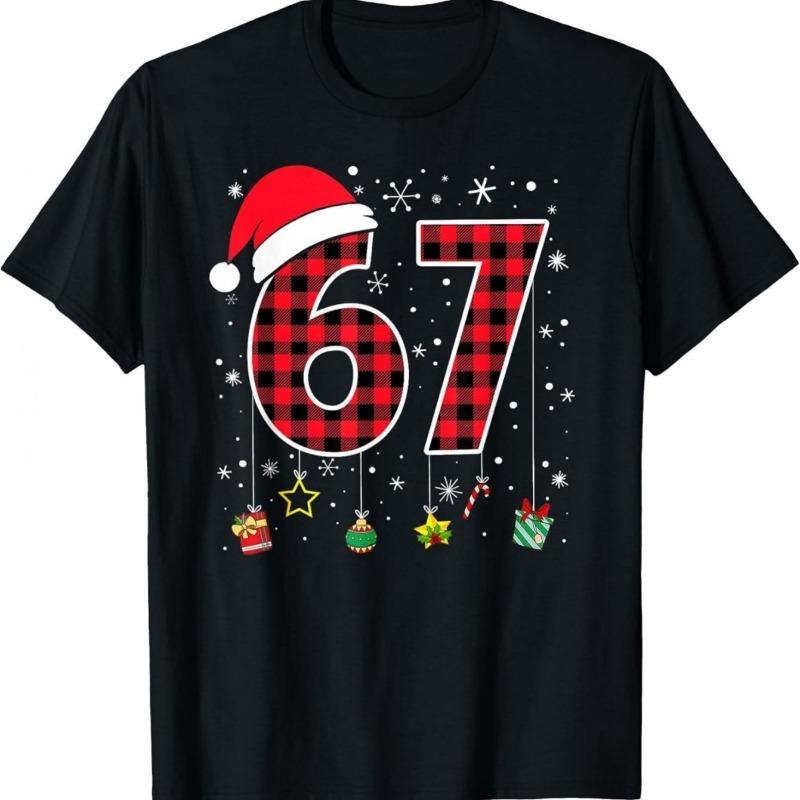 Men's Fun No. 67 Christmas T-Shirt- Red Plaid Christmas Design with Snowflakes Candy Canes, Short Sleeve Round Neck Casual Shirt,Suitable for Holiday
