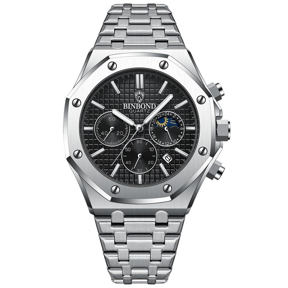 Binbang High-End Multifunctional Men s Watch with Moon Phase Steel Band