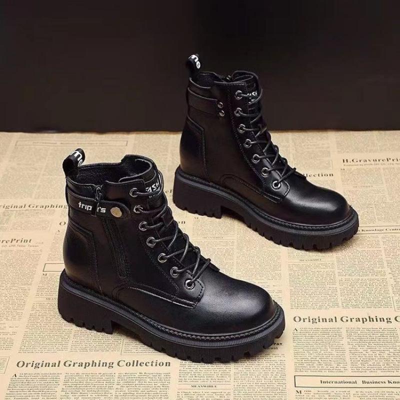Women's Shoes 2025 New Genuine Leather Riding Boots Mid-Calf Flat Versatile Cotton Shoes Winter Fleece-Lined Short Boots
