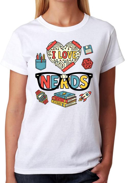 I Love Nerds Cute Geek Graphic Ladies T-Shirt Funny Nerdy Tee S