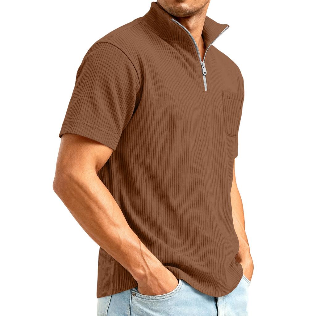 Men's 1/4 Zip Corduroy Short Sleeve Top | Loose Fit Fashion Casual Pullover For Daily Wear