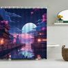 Japan Tokyo Shower Curtain Manga City Night Sky Moon Cherry Blossom Loft Print Polyester Fabric Bathtub Partition Bathroom Decor