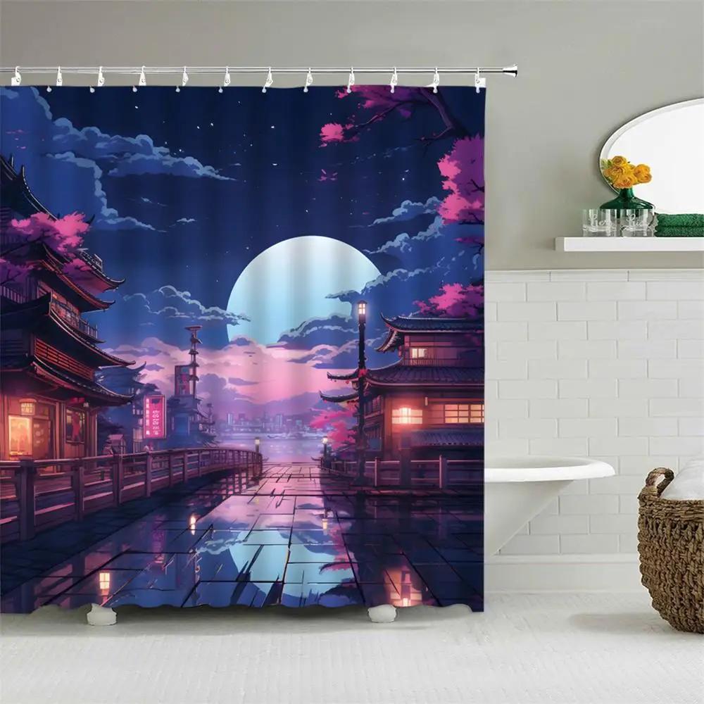 Japan Tokyo Shower Curtain Manga City Night Sky Moon Cherry Blossom Loft Print Polyester Fabric Bathtub Partition Bathroom Decor