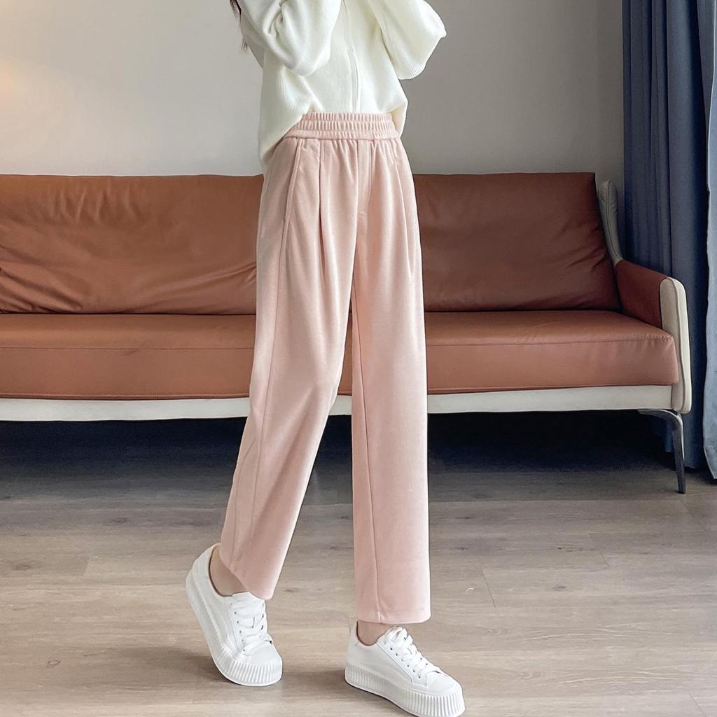 Damskie Jesienne Luźne Wyszczuplające Spodnie z Wełny Flanelowej - Acetat, Prosta Nogawka, Styl Draperowany