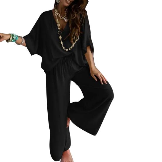 

2 шт./компл. женские верхние брюки, комплект с высокой талией, сплошной цвет, широкие плиссированные брюки L чёрный