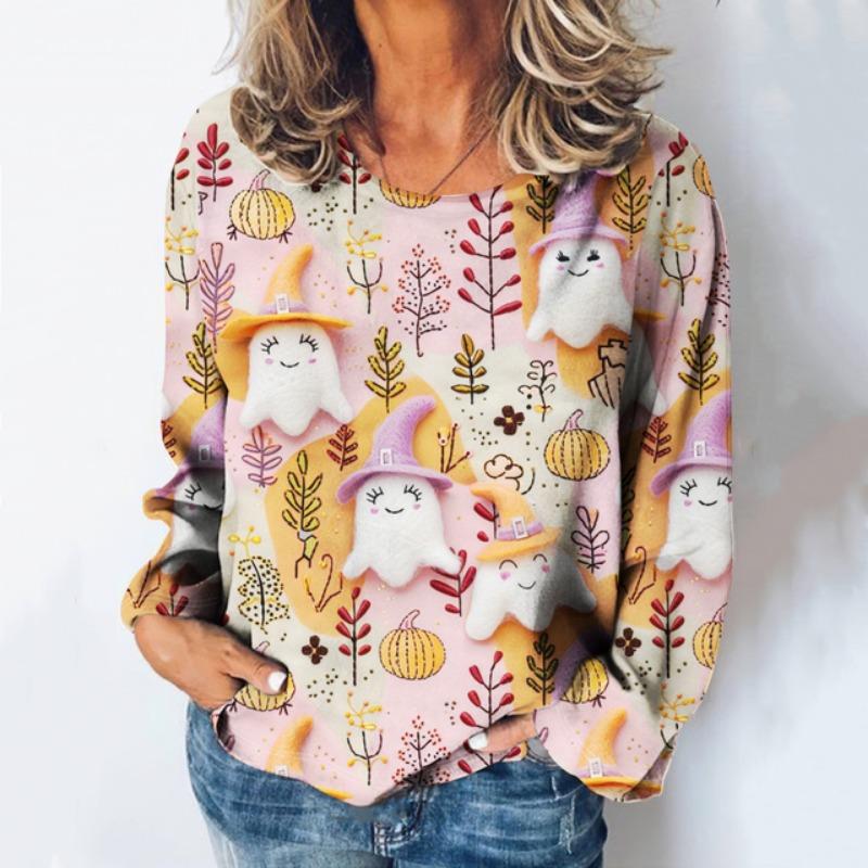 3d Printed Women's T-Shirt Christmas And Halloween Costume Round Neck Long Sleeved Spring/Autumn Casual Party Top Cute Cartoon