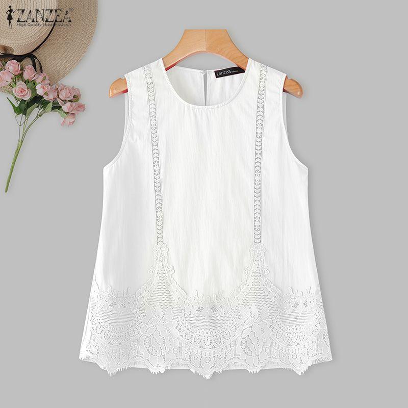 ZANZEA Women Elegant Casual Ruffled Sleeveless Lace Patchwork Tank Tops Tee