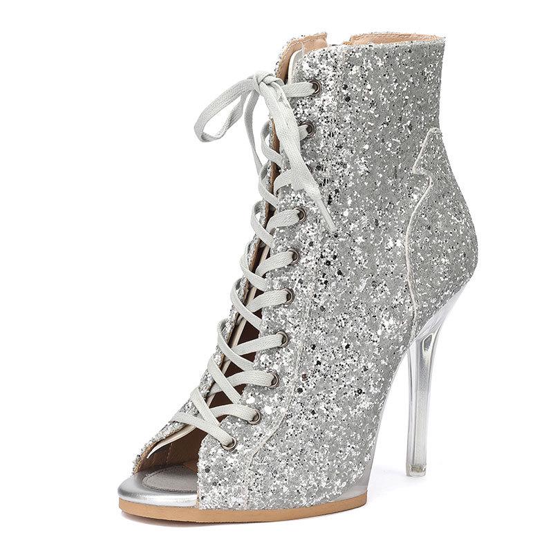 Women's Black Lace-up Ankle High Heels Jazz Dance Shoes with Soft Sole