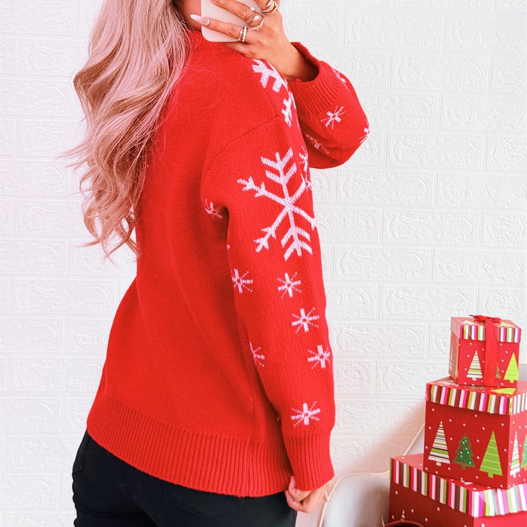 Women's Fashionable Long Sleeved Christmas Pullover Round Neck Casual Sweater Top