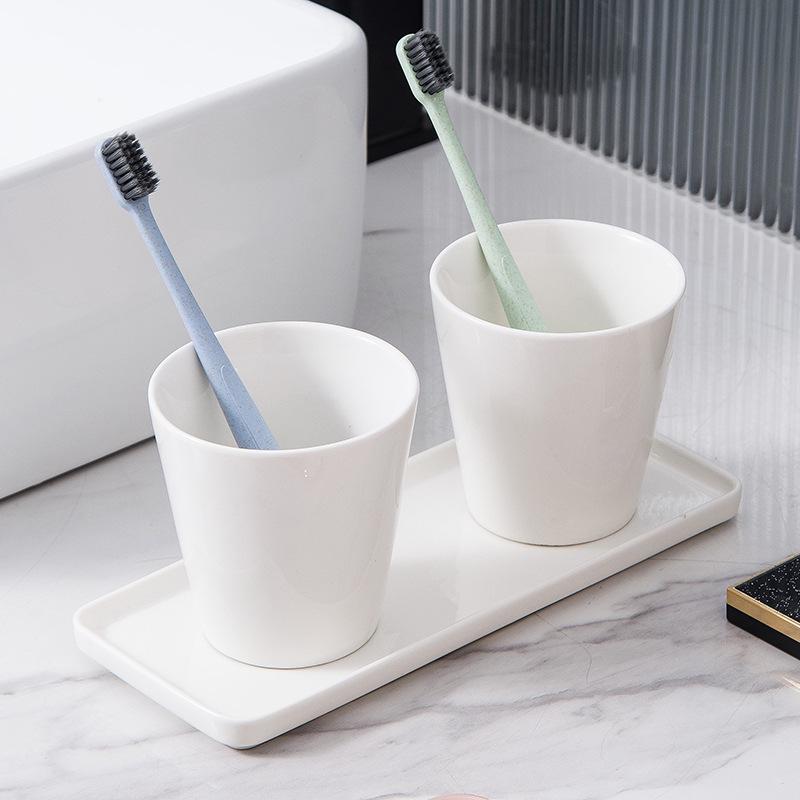 Minimalist Ceramic Bathroom Toiletries Kit with Toothbrush Holder and Mouthwash Cup