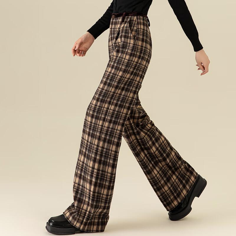 Fanzhen Women's Autumn/Winter Retro Plaid Wide-Leg Woolen Trousers