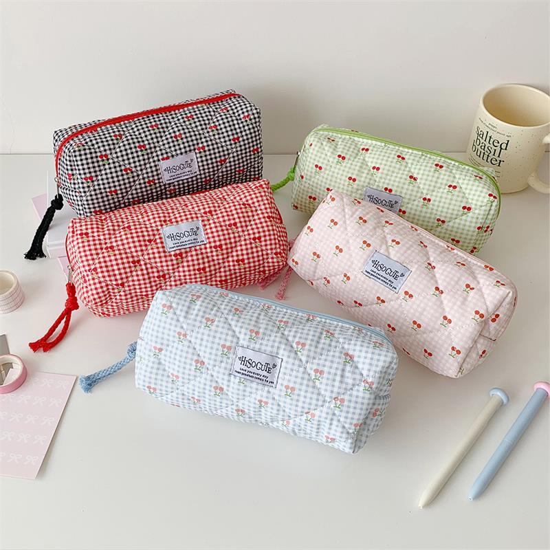 Cute Cherry Plaid Large Capacity Pencil Case Student Stationery Bag Ladies Cosmetic Bags Portable Clutch Purse Storage Bag Gifts