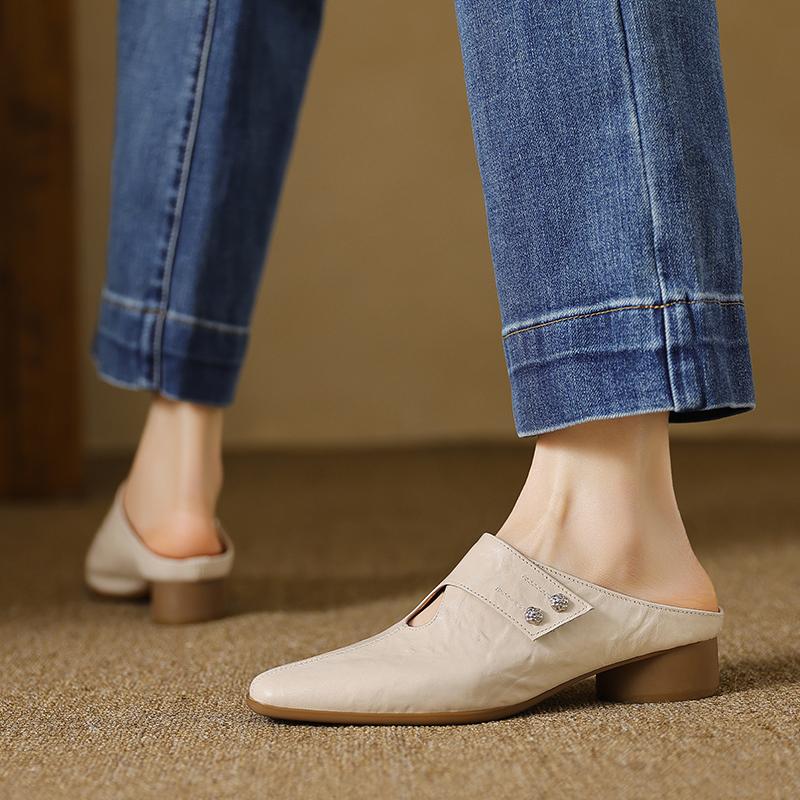 Fashion 2025 Summer Covered Toe Genuine Leather Slippers Women Thick Heels Casual Mules Summer Daily Walk Sheepskin Leather Slippers