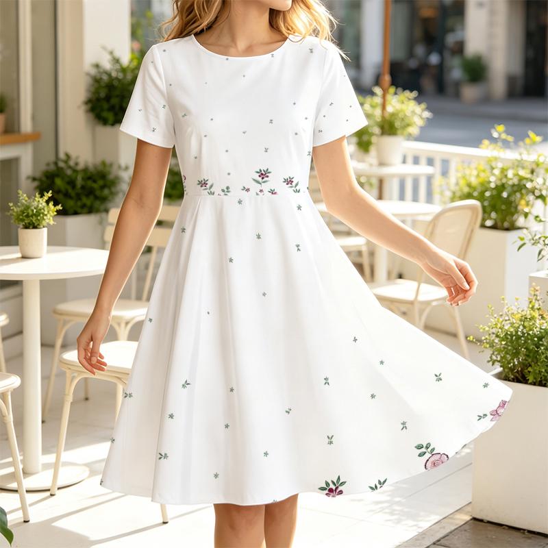 Crew Neck Short Sleeve Skater Dress, Tiny Floral Embroidered Print White Knee Length Dress For Women