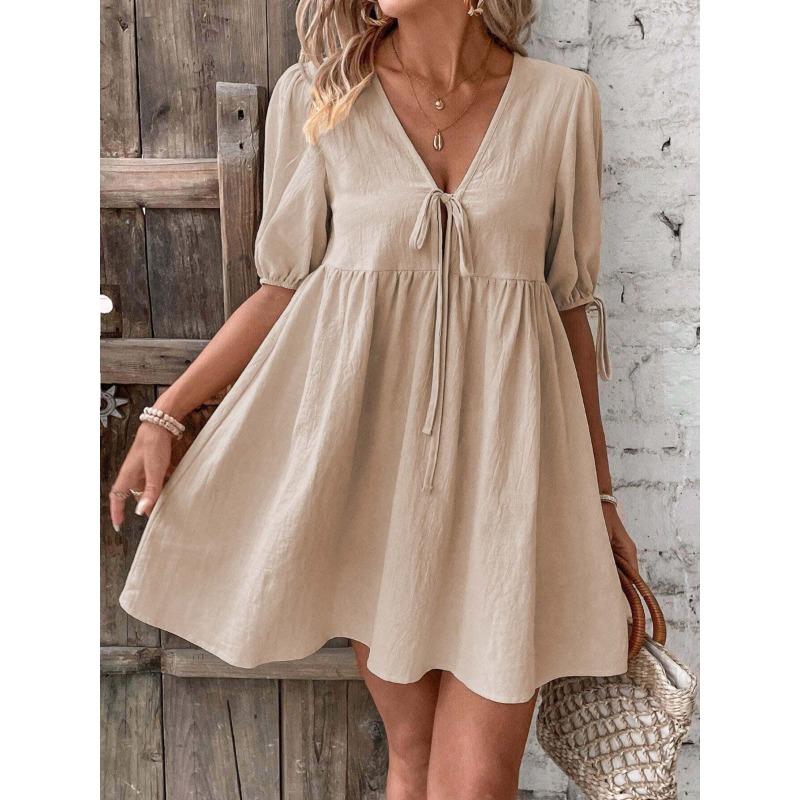 European and American Fashion Skirt Loose Woven V-neck A-pendulum Dress S хаки